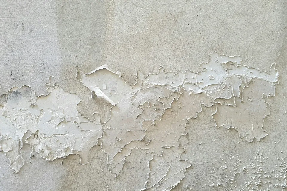 Muro blanco con la pintura soplada por la humedad en la parte baja